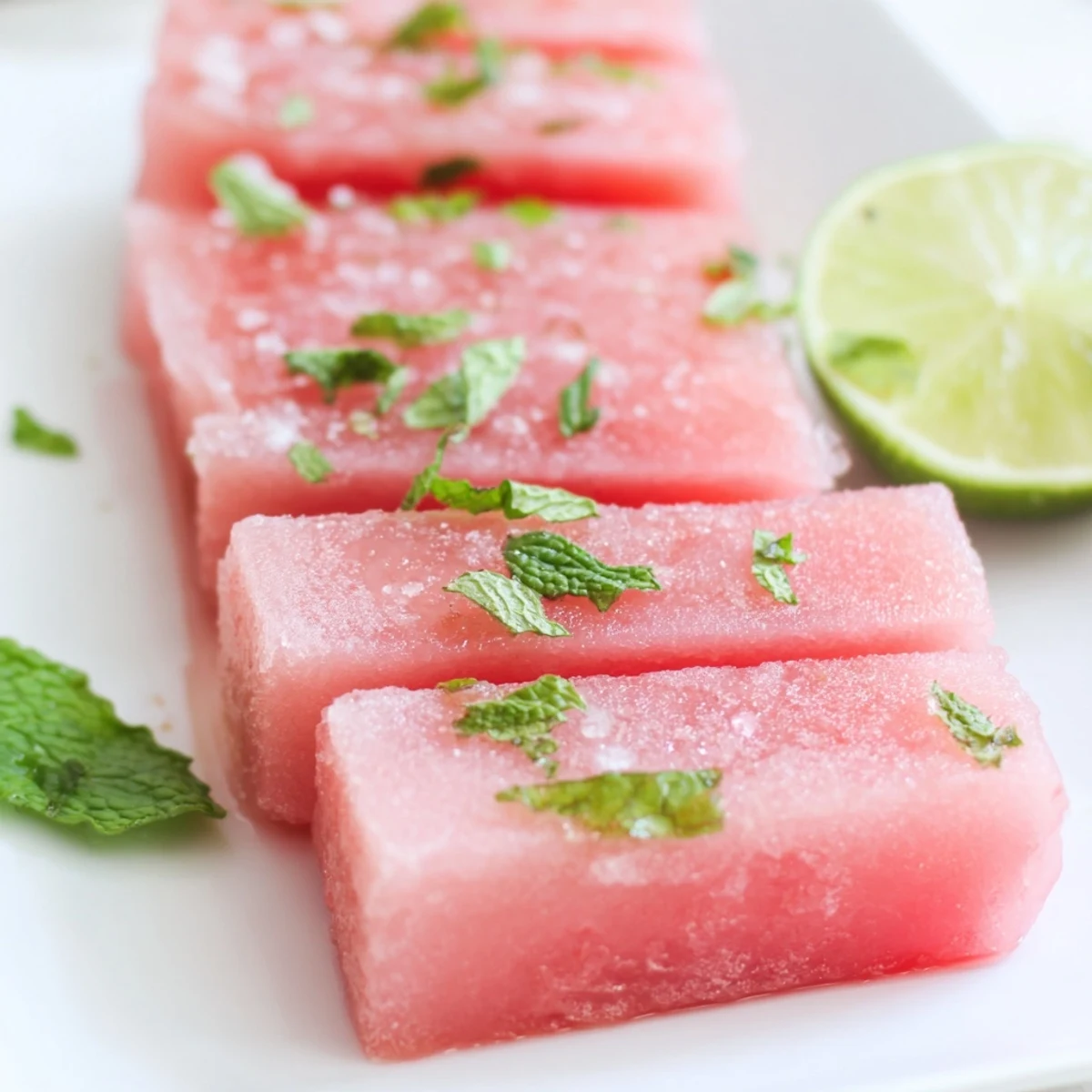 Vibrant pink watermelon lime bars cut into squares with lime wedge on the side