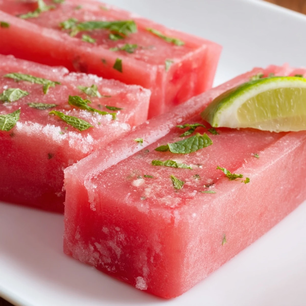 Refreshing frozen watermelon lime bars with bright green zest and chopped mint topping