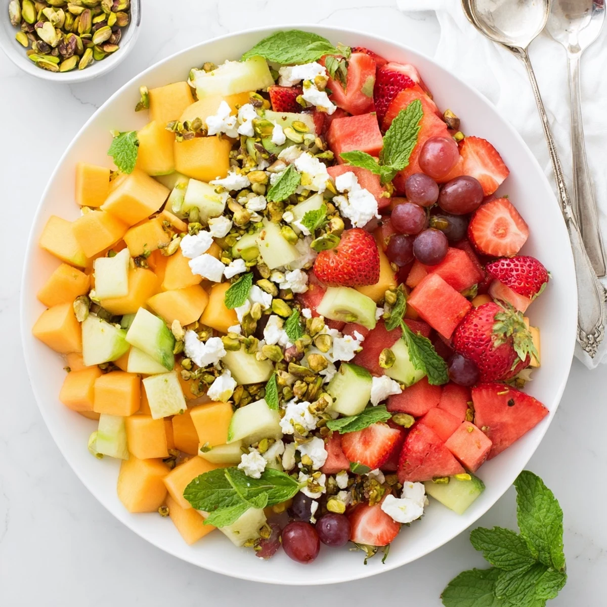 Colorful summer fruit salad bowl overflowing with fresh watermelon, cantaloupe, strawberries, and crumbled feta cheese