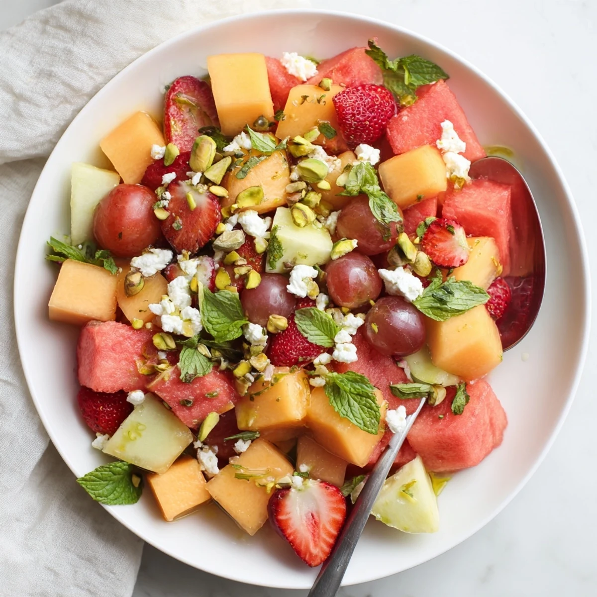 Refreshing melon and strawberry salad tossed with tangy feta, mint, and lime honey dressing