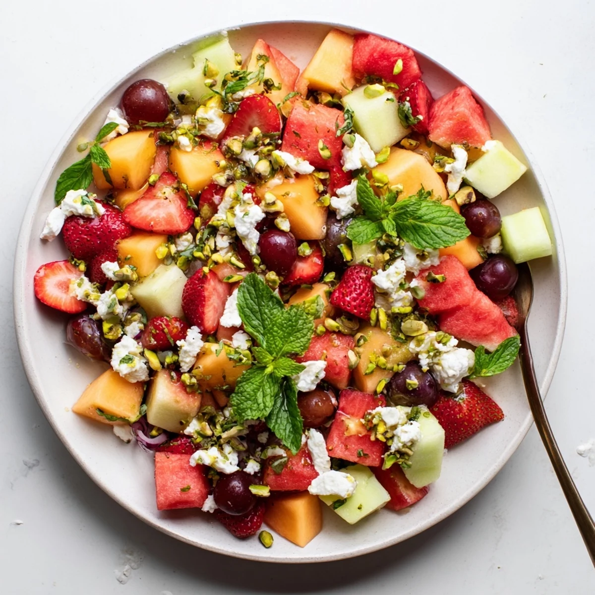 Vibrant fruit salad featuring cubed melons, sweet berries, creamy cheese, and toasted pistachios for summer gatherings