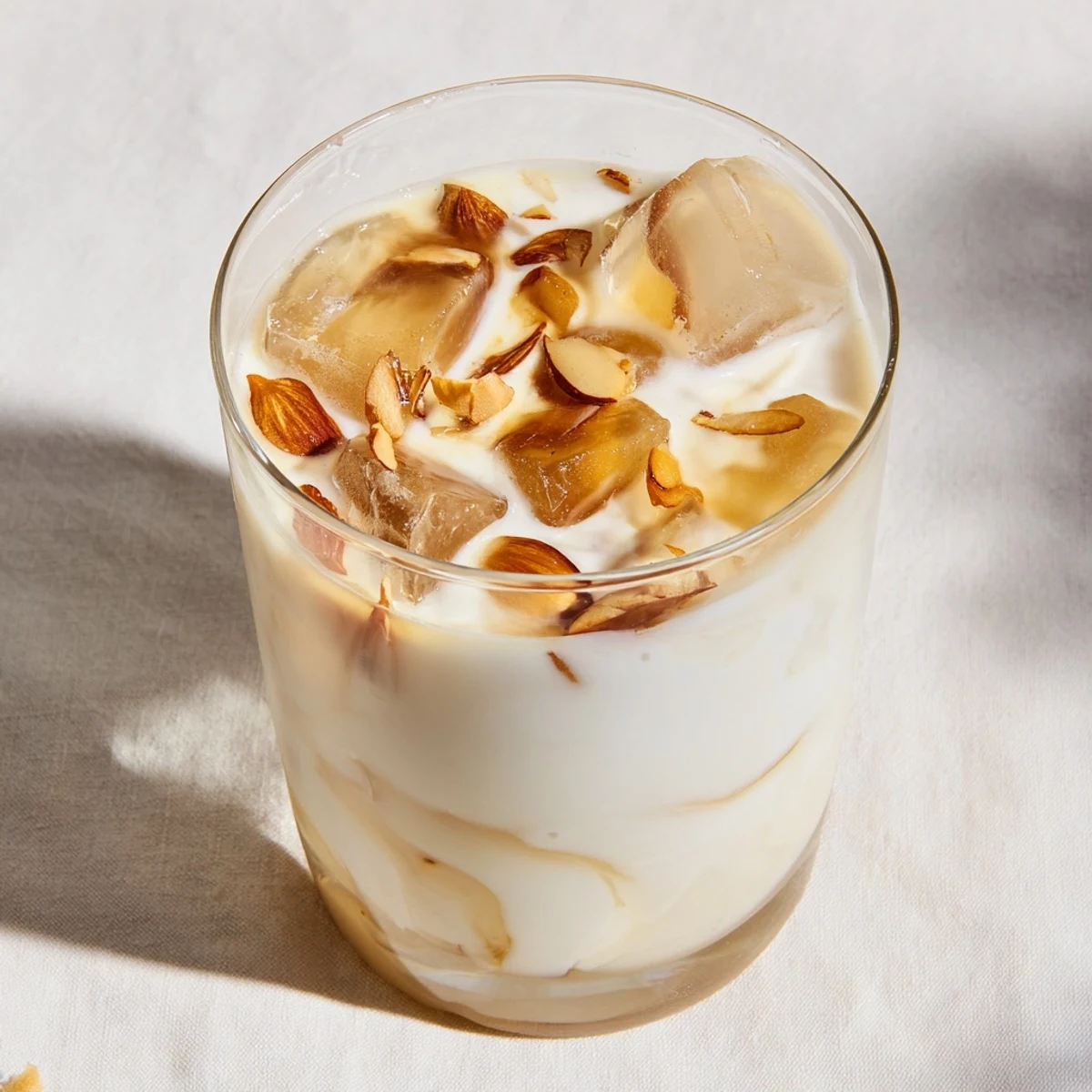Chilled creamy roasted almond milk beverage garnished with almond slivers on a wooden table