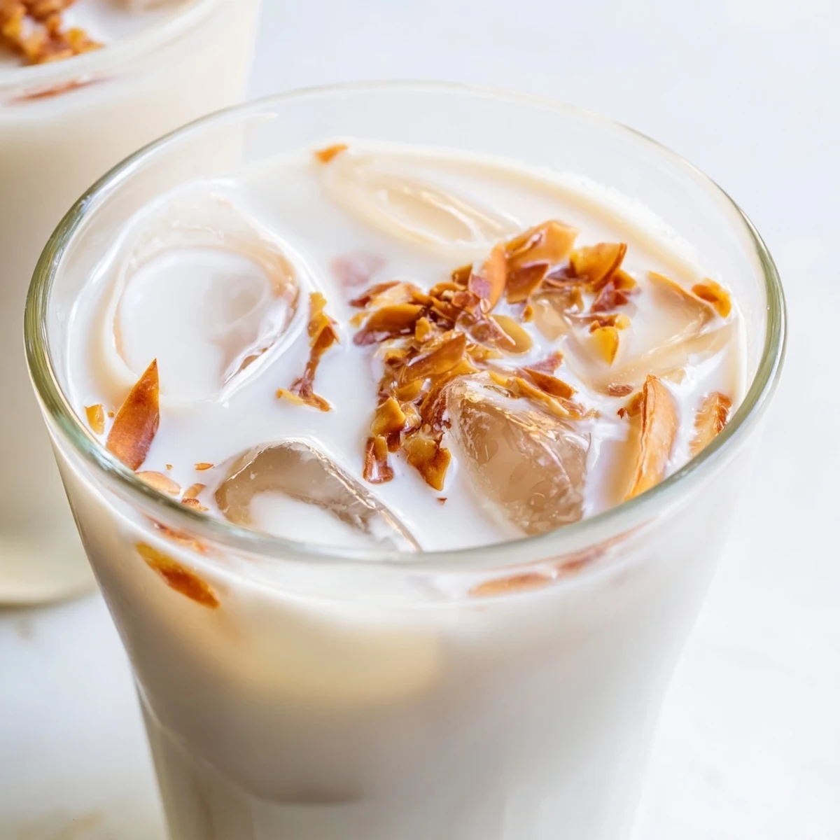 Glass of refreshing summer roasted almond milk drink with cream served over ice