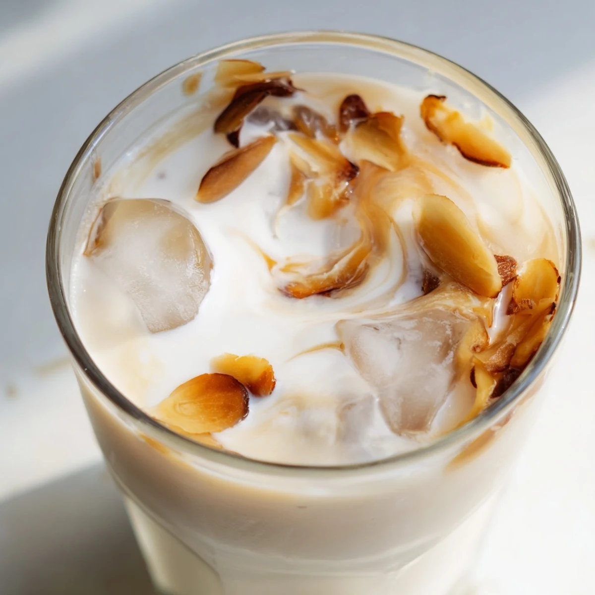 Light nutty roasted almond milk drink with honey drizzle in a tall glass
