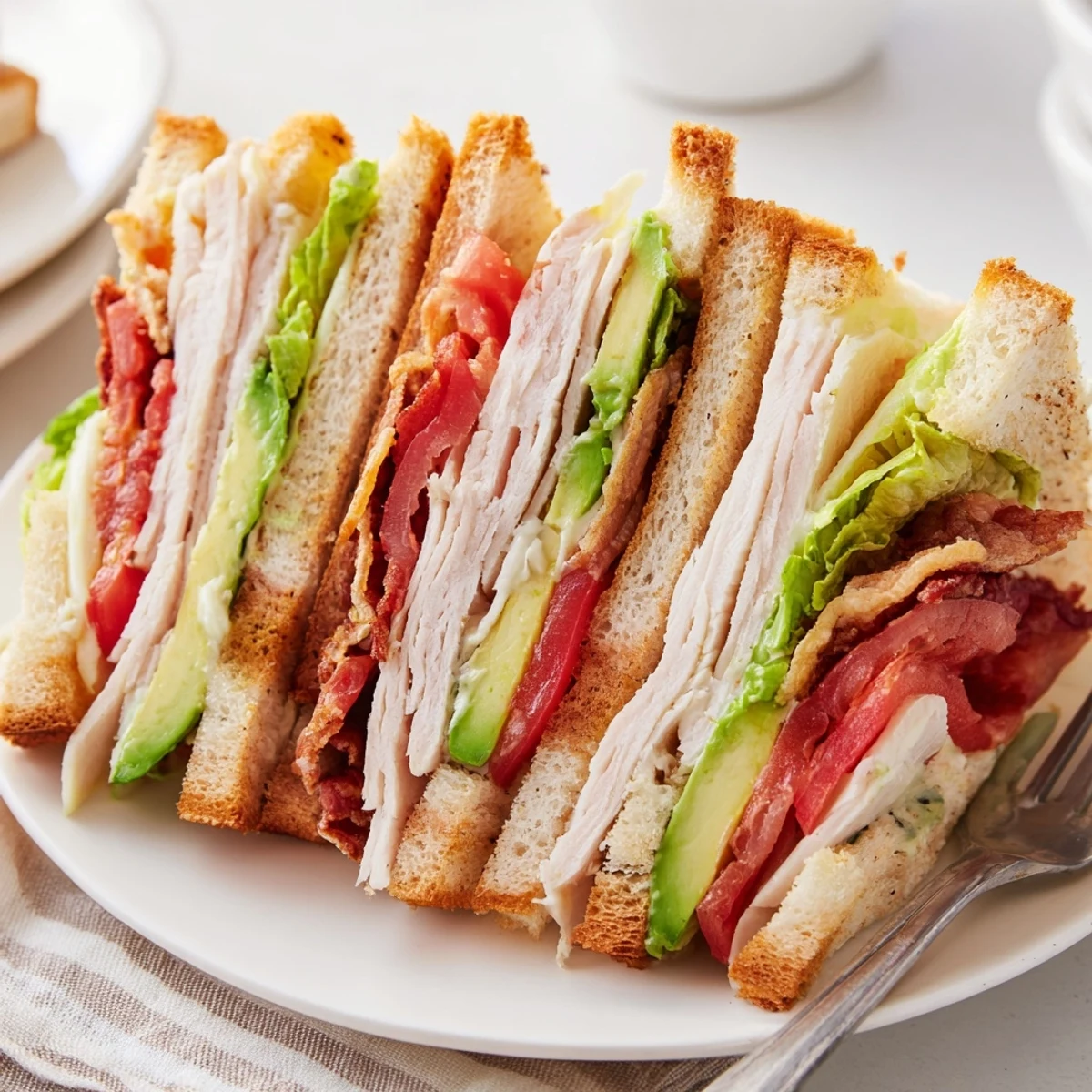 Toasted California Club Sandwich cut diagonally showing layers of ripe tomato, lettuce, and creamy mayonnaise