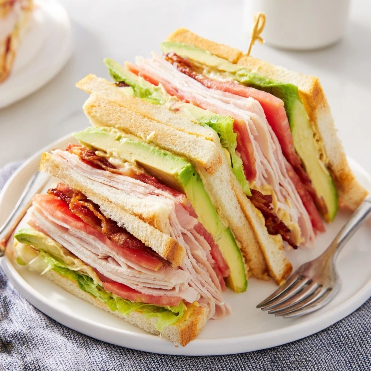 Triple-decker California Club Sandwich stacked with roasted turkey, crispy bacon, and fresh avocado slices