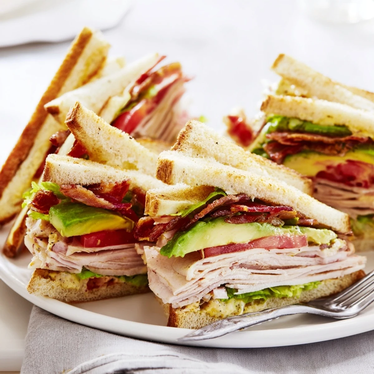 Hearty California Club Sandwich featuring turkey, bacon, and avocado on golden brown sliced bread