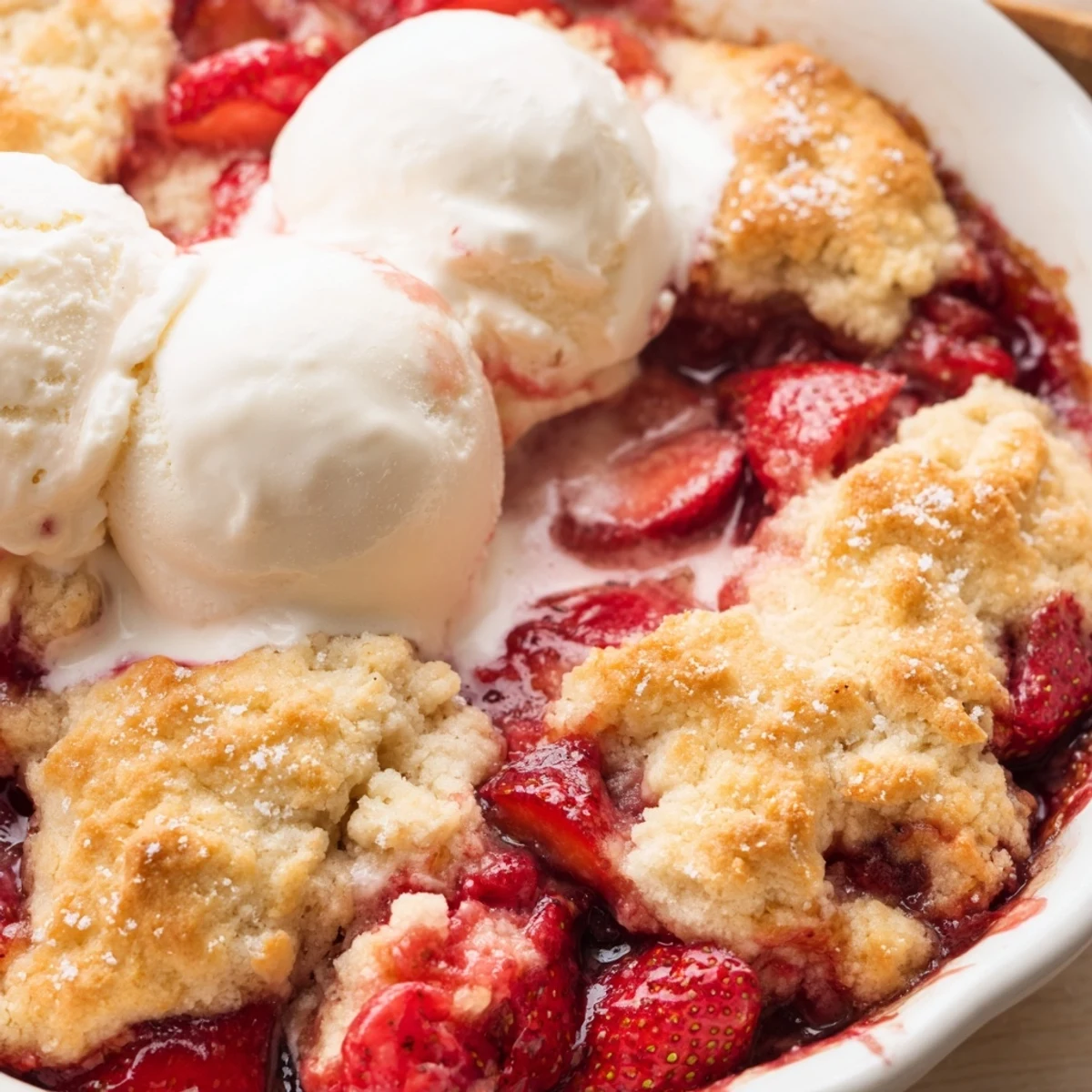 Golden biscuit-topped fresh strawberry cobbler bubbling with sweet juicy red fruit filling