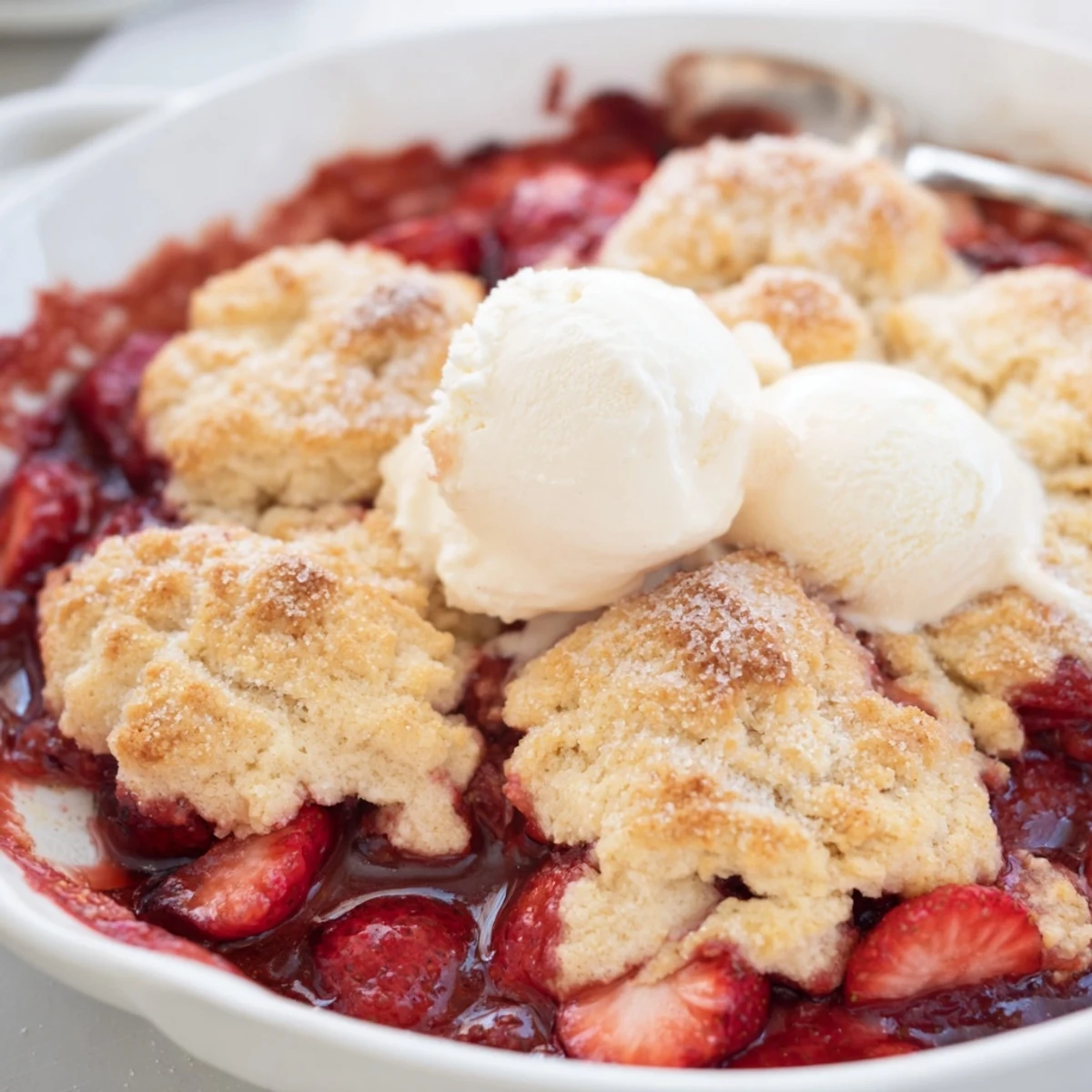 Baked fresh strawberry cobbler with tender golden biscuits over bubbling sweet strawberries