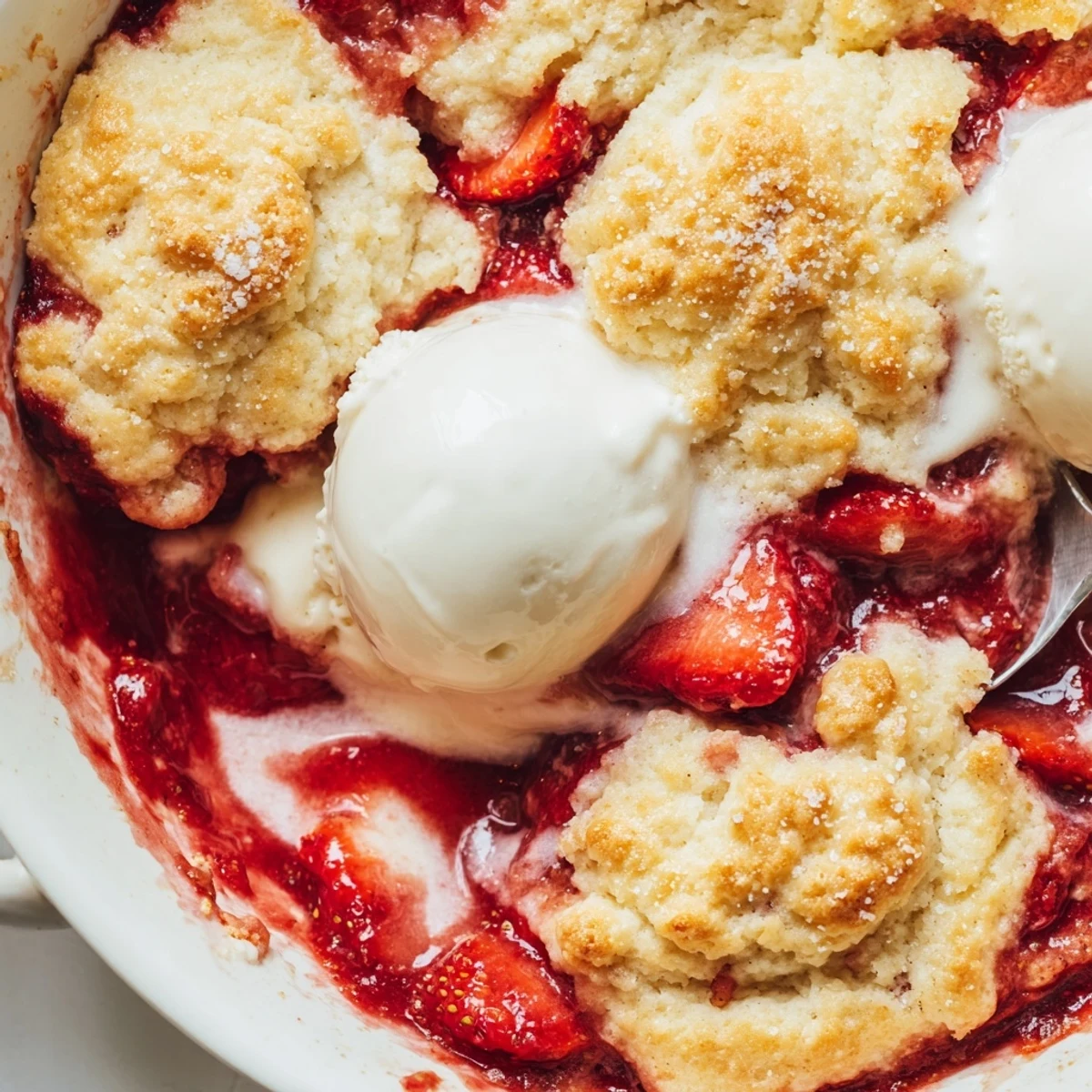 Warm homemade fresh strawberry cobbler served with vanilla ice cream for summer dessert