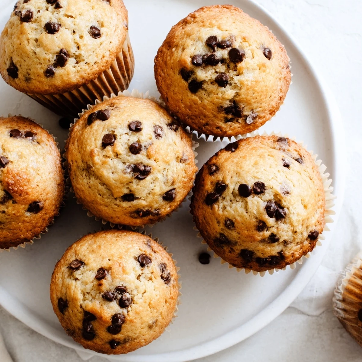Golden brown banana chocolate chip muffins with melted chocolate chunks on top