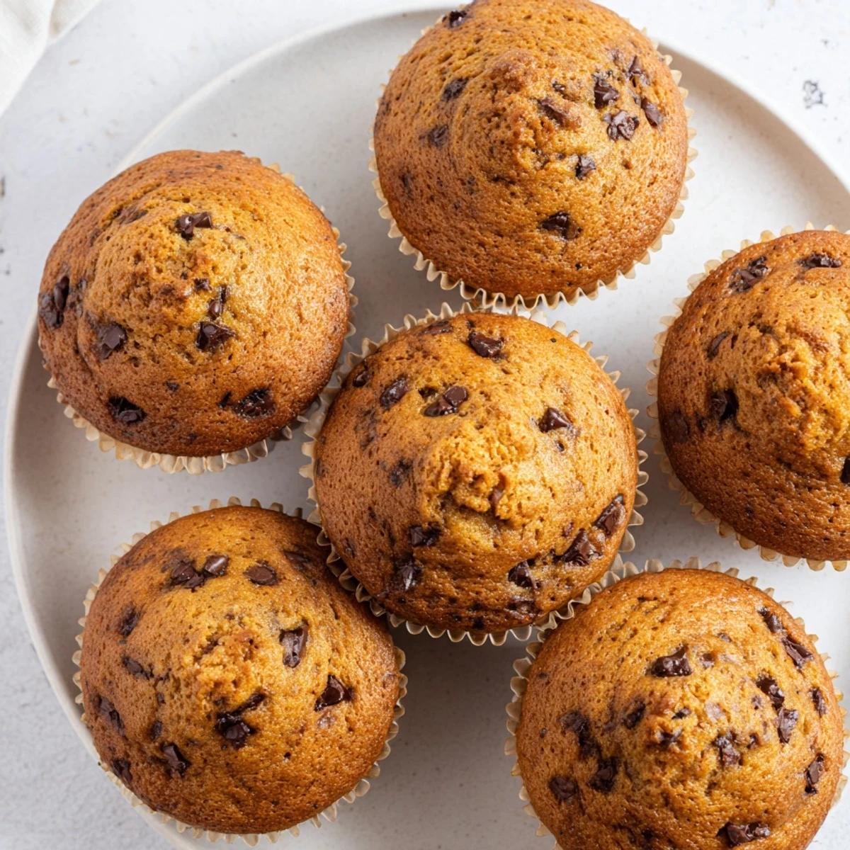 Freshly baked moist banana chocolate chip muffins cooling on a wire rack