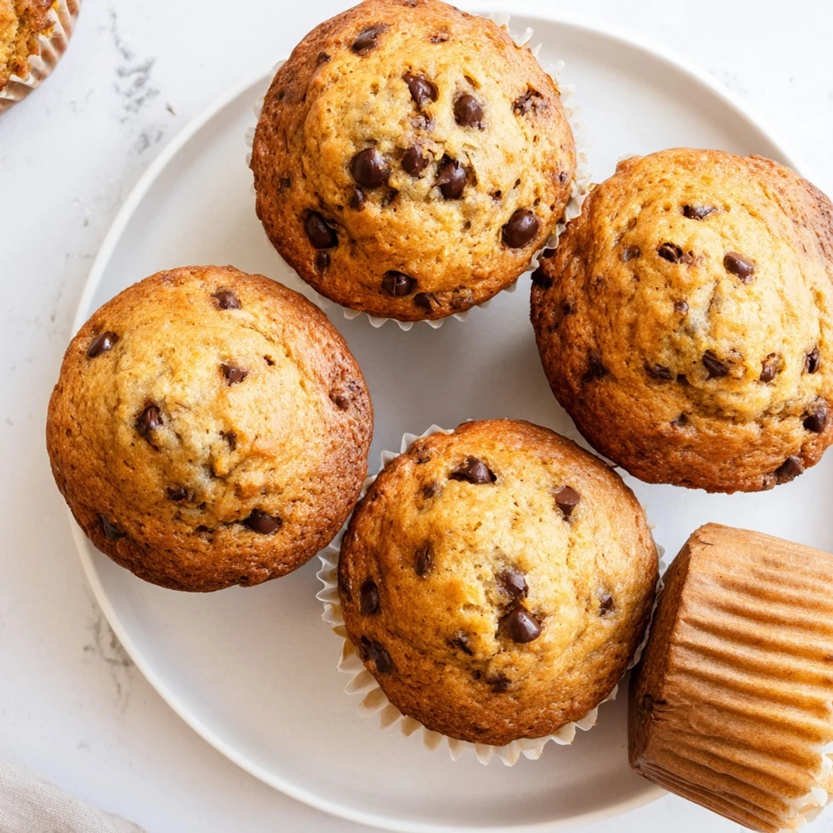 Stack of fluffy banana chocolate chip muffins ready for breakfast or dessert