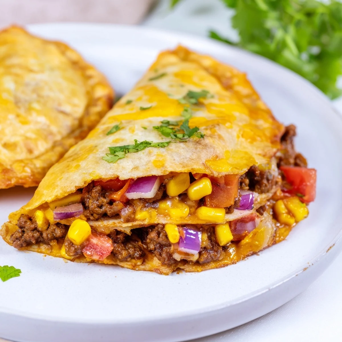 Golden crispy Mexican taco pockets filled with seasoned beef and melted cheddar cheese