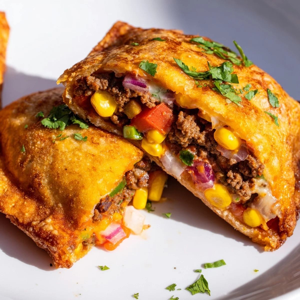 Fried flour tortilla pockets stuffed with spiced meat corn and vegetables