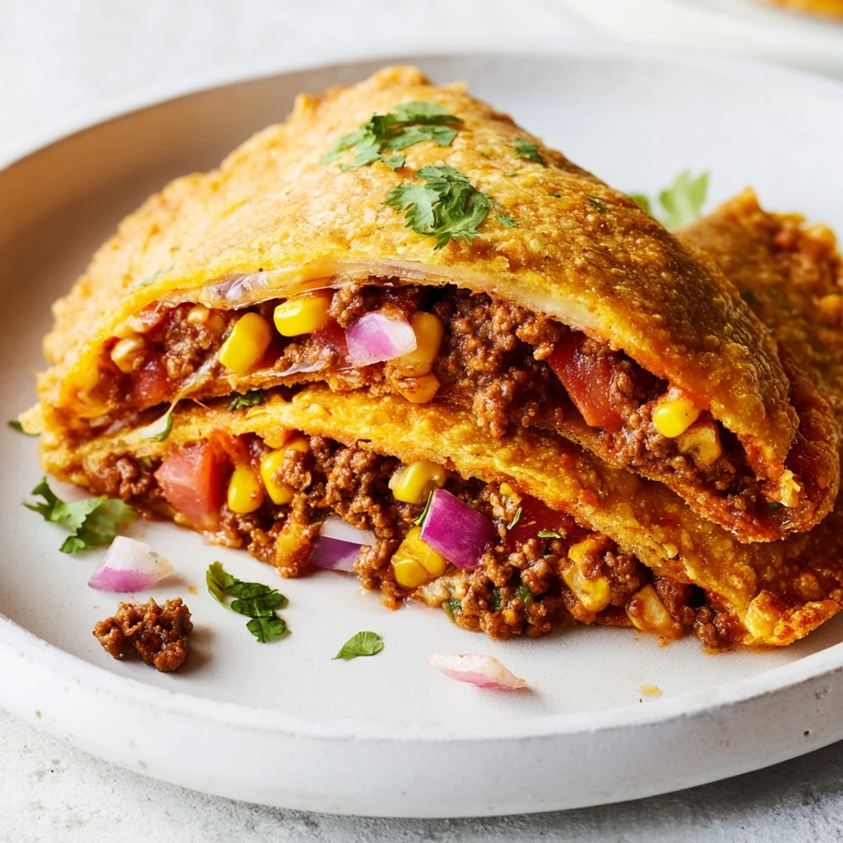 Homemade spicy taco pockets served with sour cream avocado and fresh lime wedges