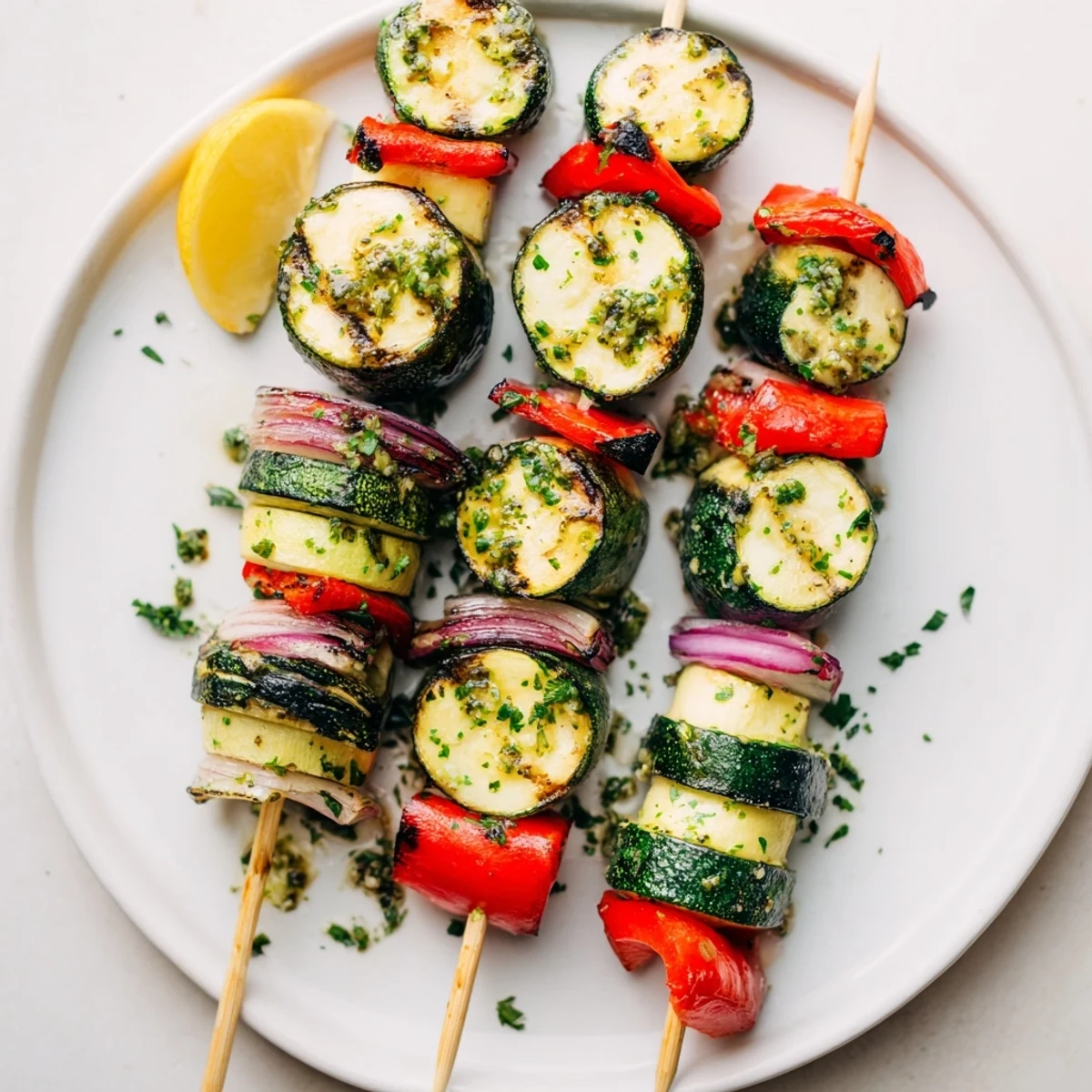 Garlic Butter Zucchini Skewers glistening with melted butter and charred grill marks