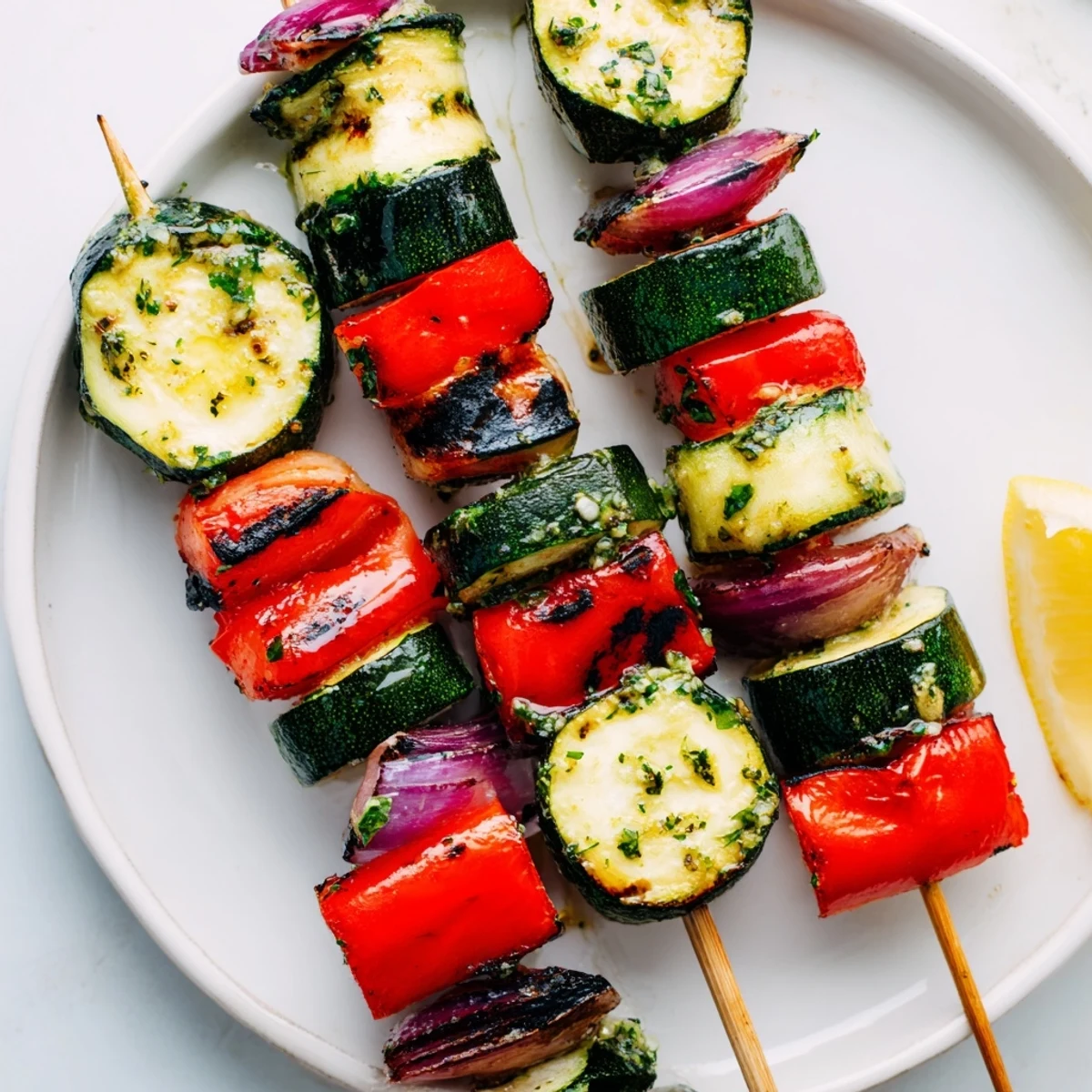 Smoky Garlic Butter Zucchini Skewers threaded with peppers and onion, served warm