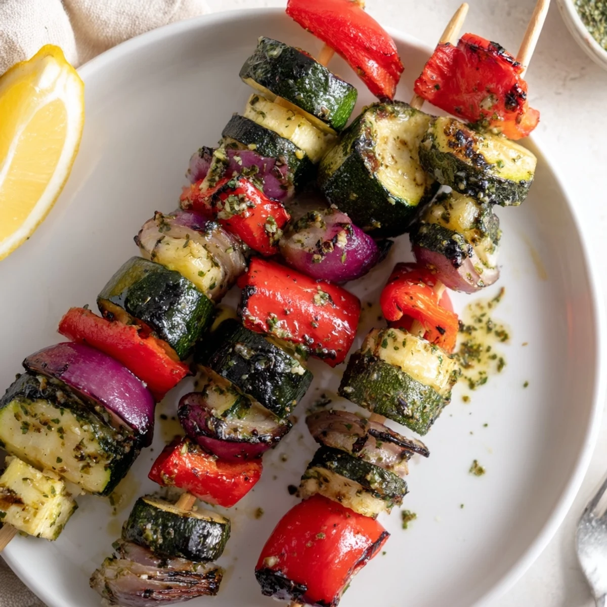 Grilled Garlic Butter Zucchini Skewers arranged on a platter with lemon wedges