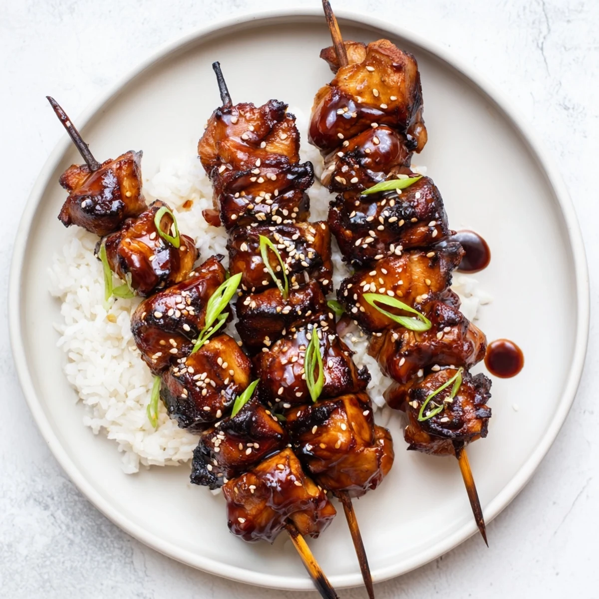 Teriyaki Chicken Skewers glistening with sticky glaze, garnished with toasted sesame