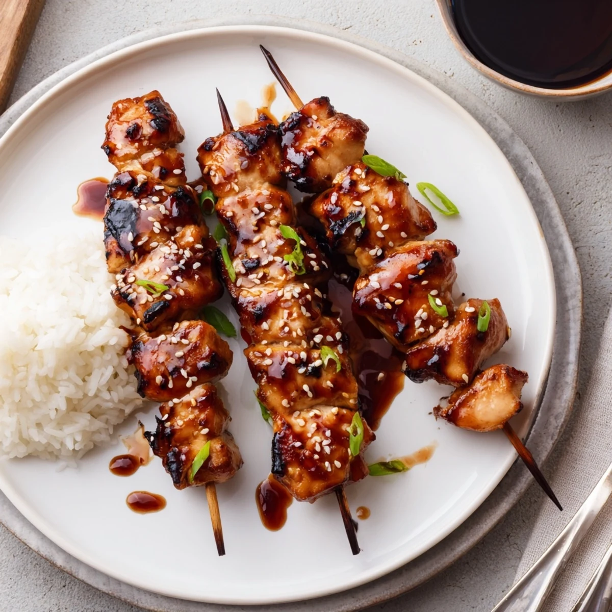 Grilled Teriyaki Chicken Skewers charred edges, served over steaming white rice