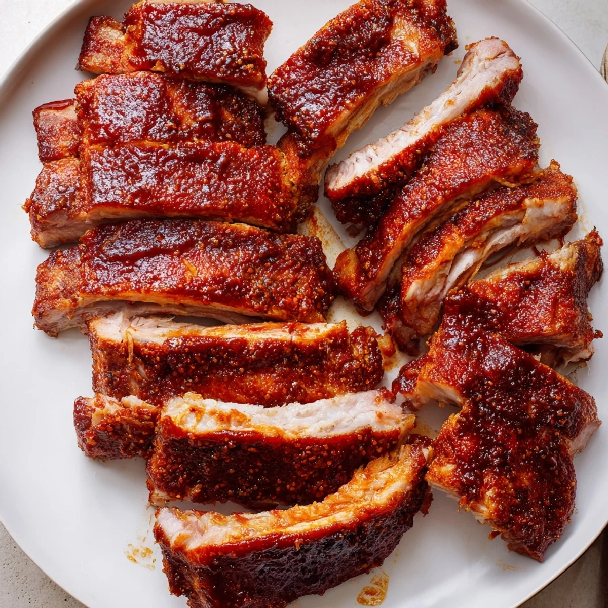 Grilled Ribs glistening with sticky barbecue glaze, smoky char and resting juices.