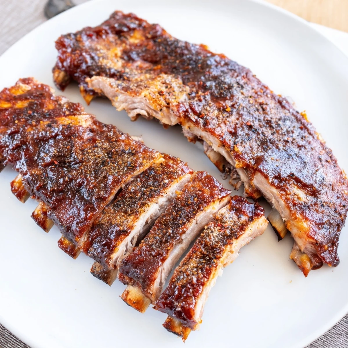 Sliced on a wooden board, Grilled Ribs paired with tangy coleslaw.