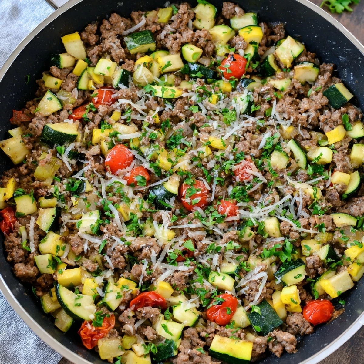 Savory one-pan ground beef zucchini skillet featuring tender vegetables, juicy tomatoes, and aromatic Italian herbs bubbling together