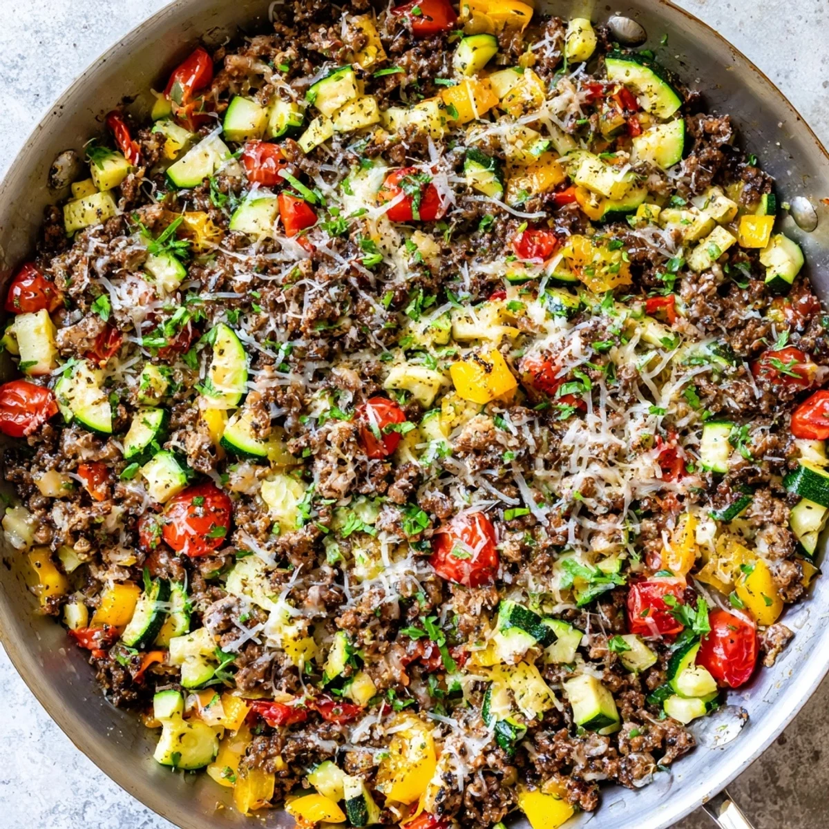 Golden brown ground beef zucchini skillet with melted parmesan and fresh parsley garnish in a cast iron pan