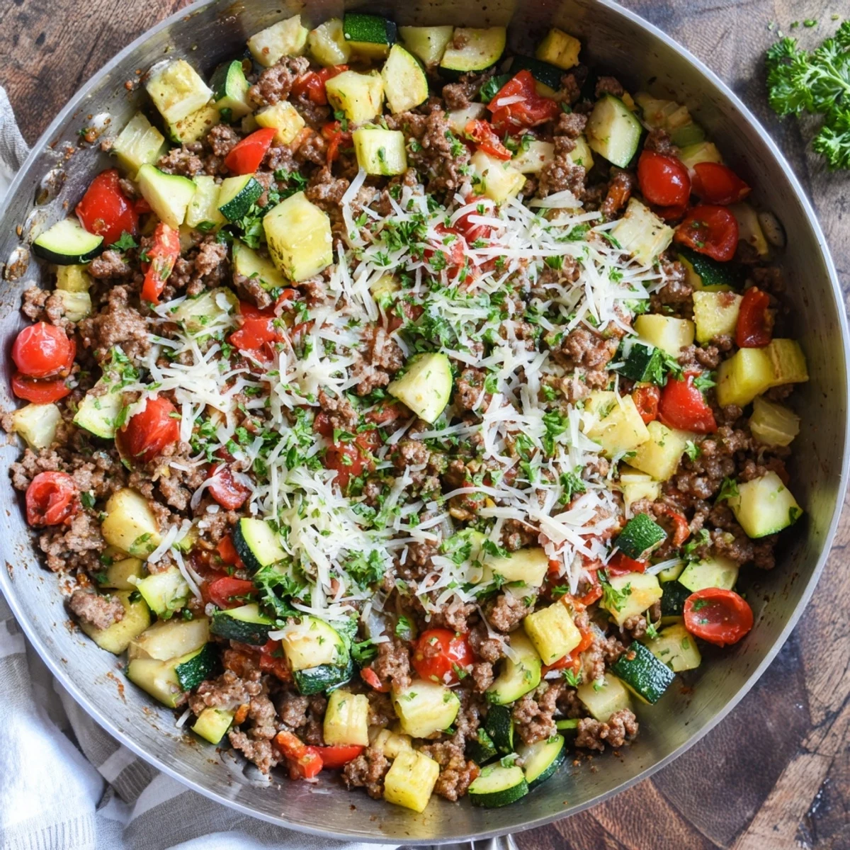 Hearty ground beef zucchini skillet served hot with colorful red peppers, cherry tomatoes, and shredded cheese topping