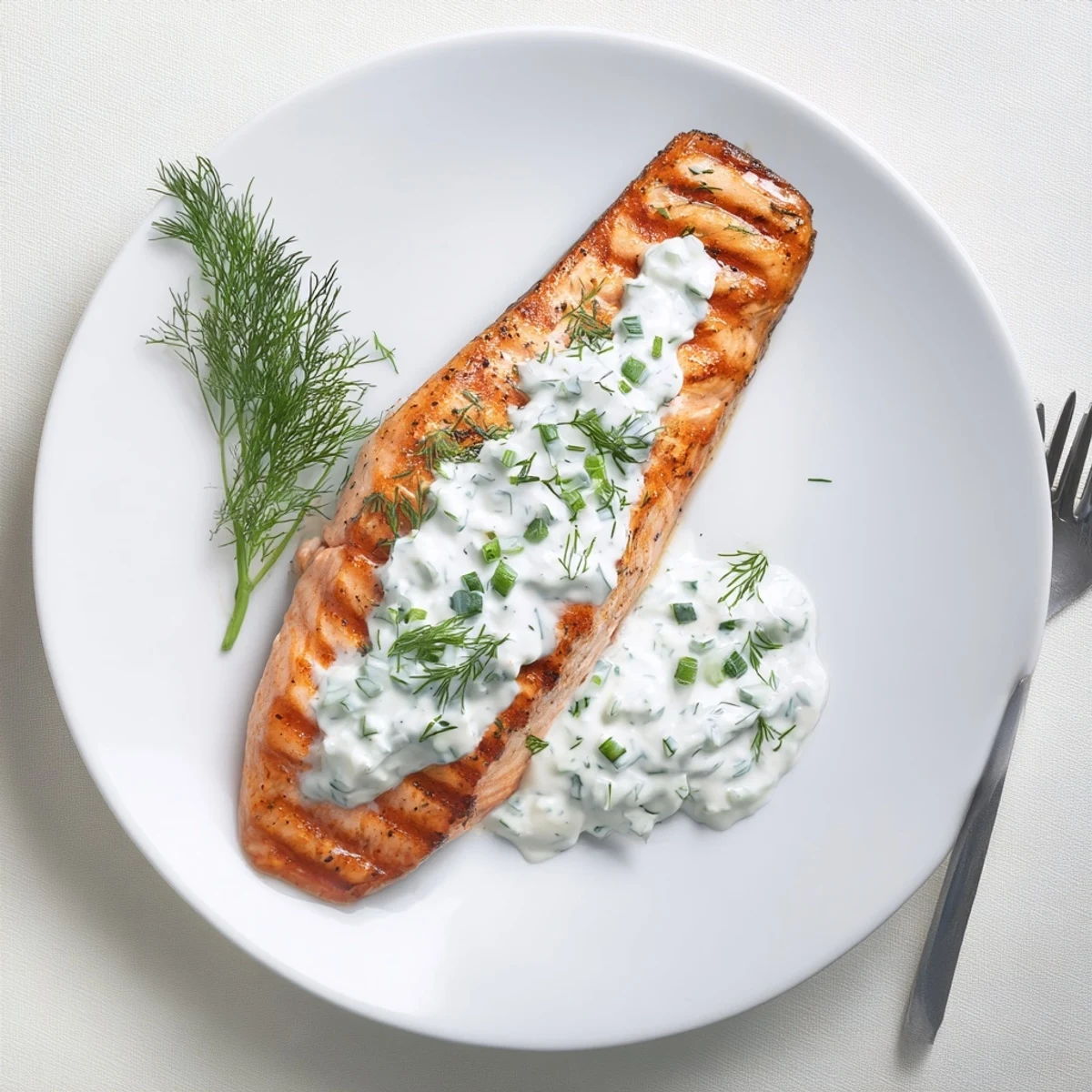 Perfectly grilled lemon herb salmon drizzled with cool cucumber dill yogurt sauce on white plate