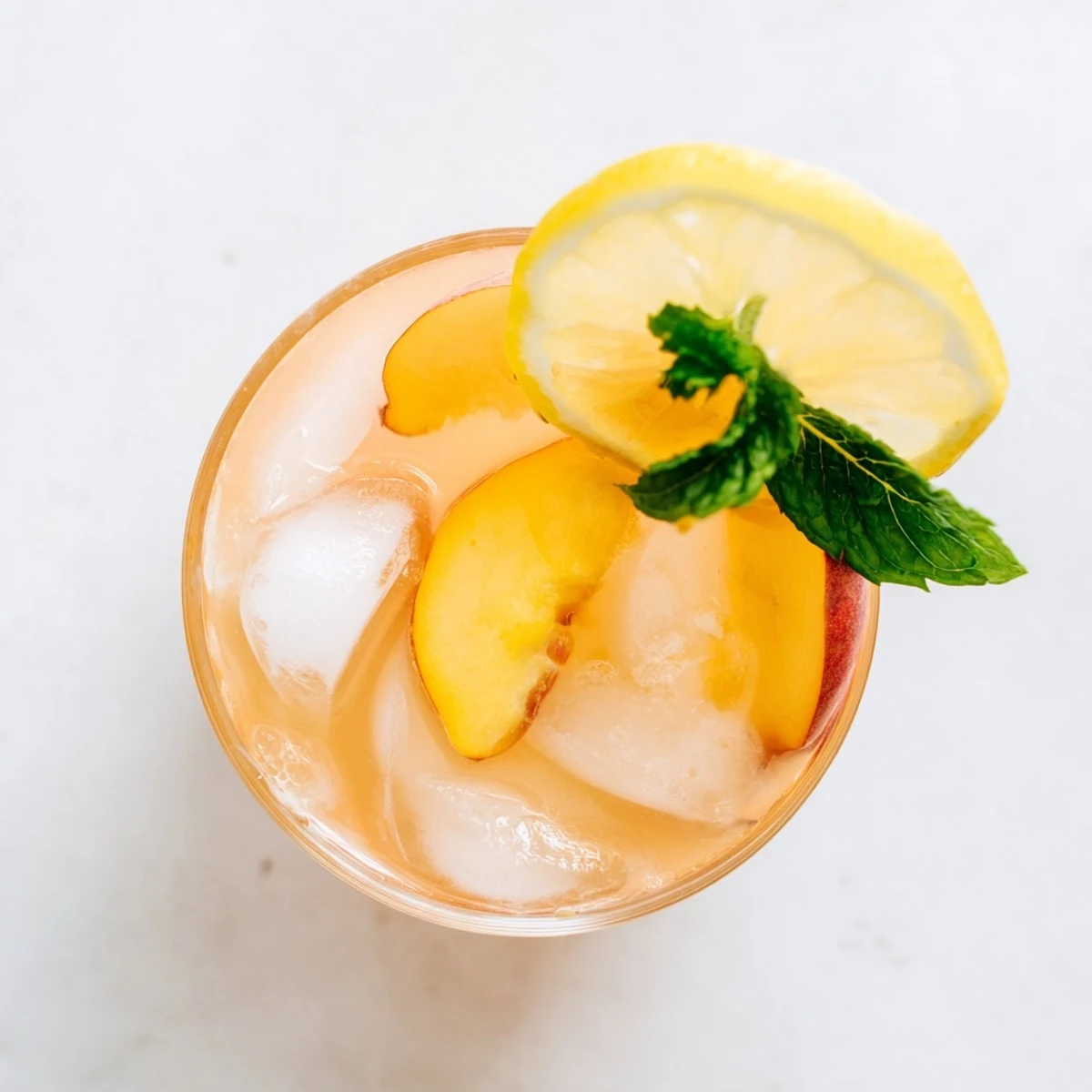 Tall glass of homemade fresh peach lemonade over ice with floating fruit