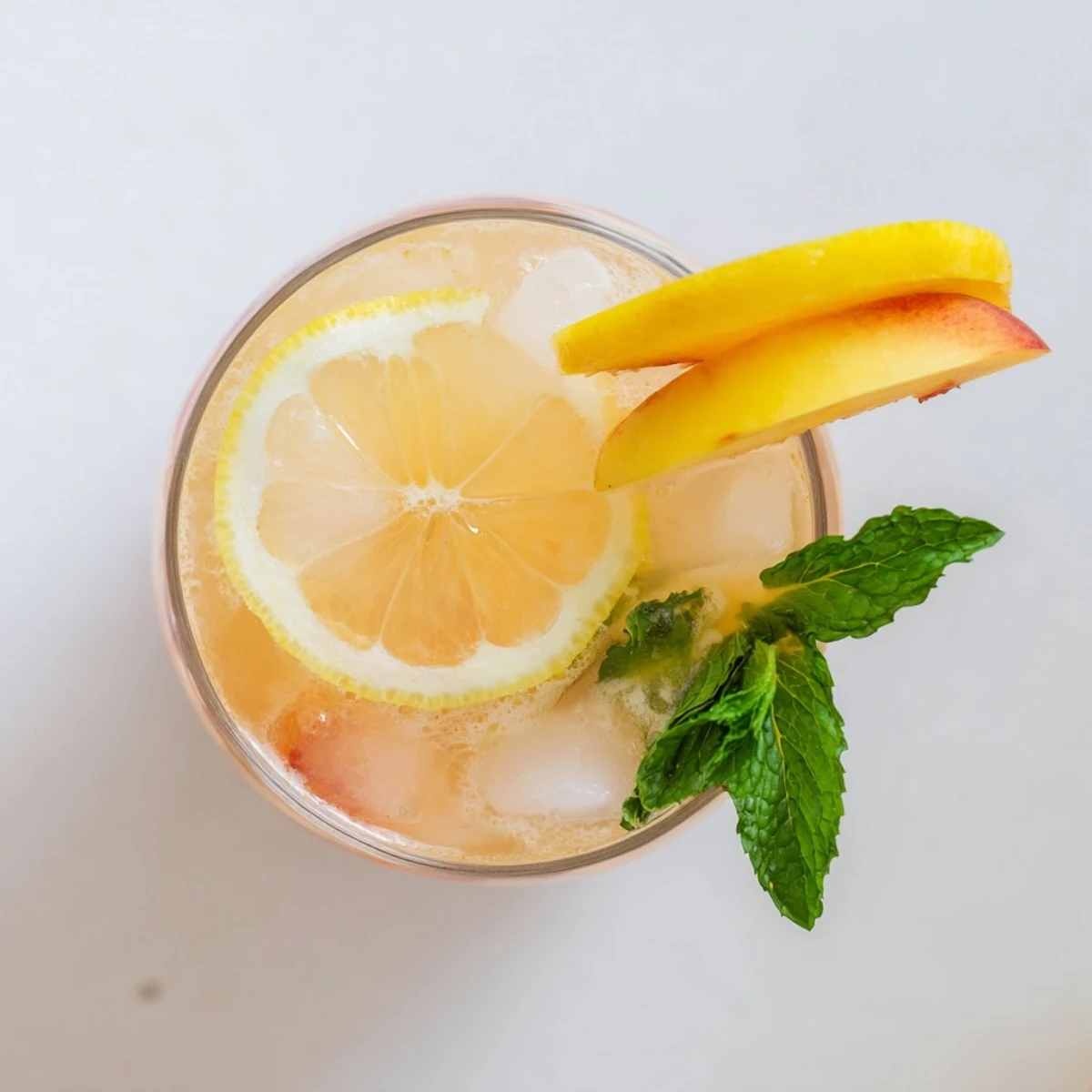 Refreshing summer peach lemonade drink garnished with fresh mint and lemon wheels