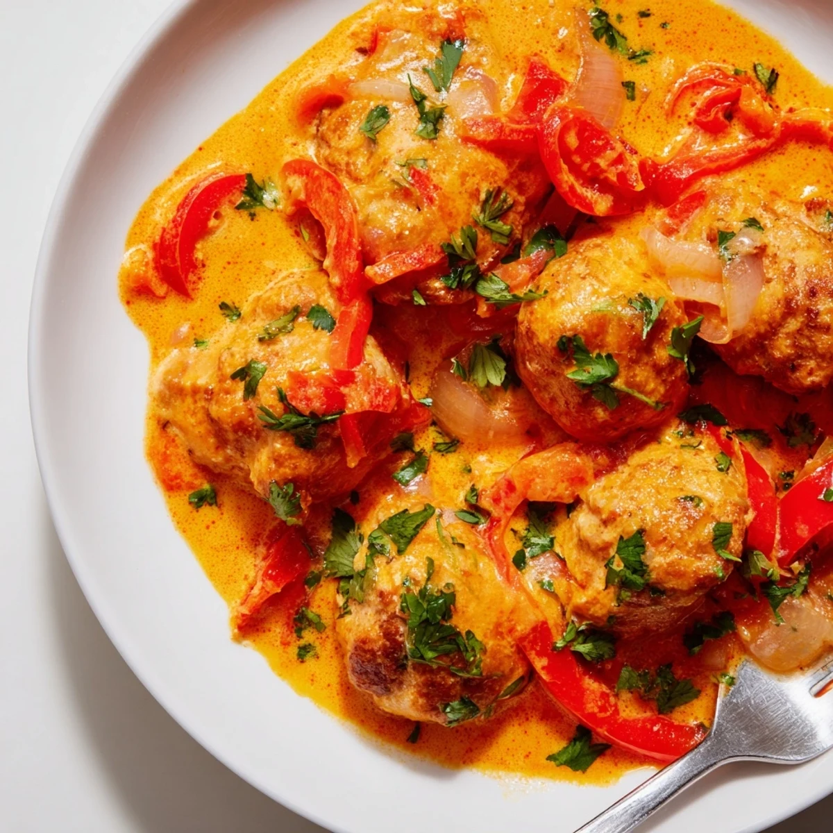 Golden chicken pieces simmered in rich, creamy coconut sauce with vibrant red pepper slices and fresh green cilantro garnish