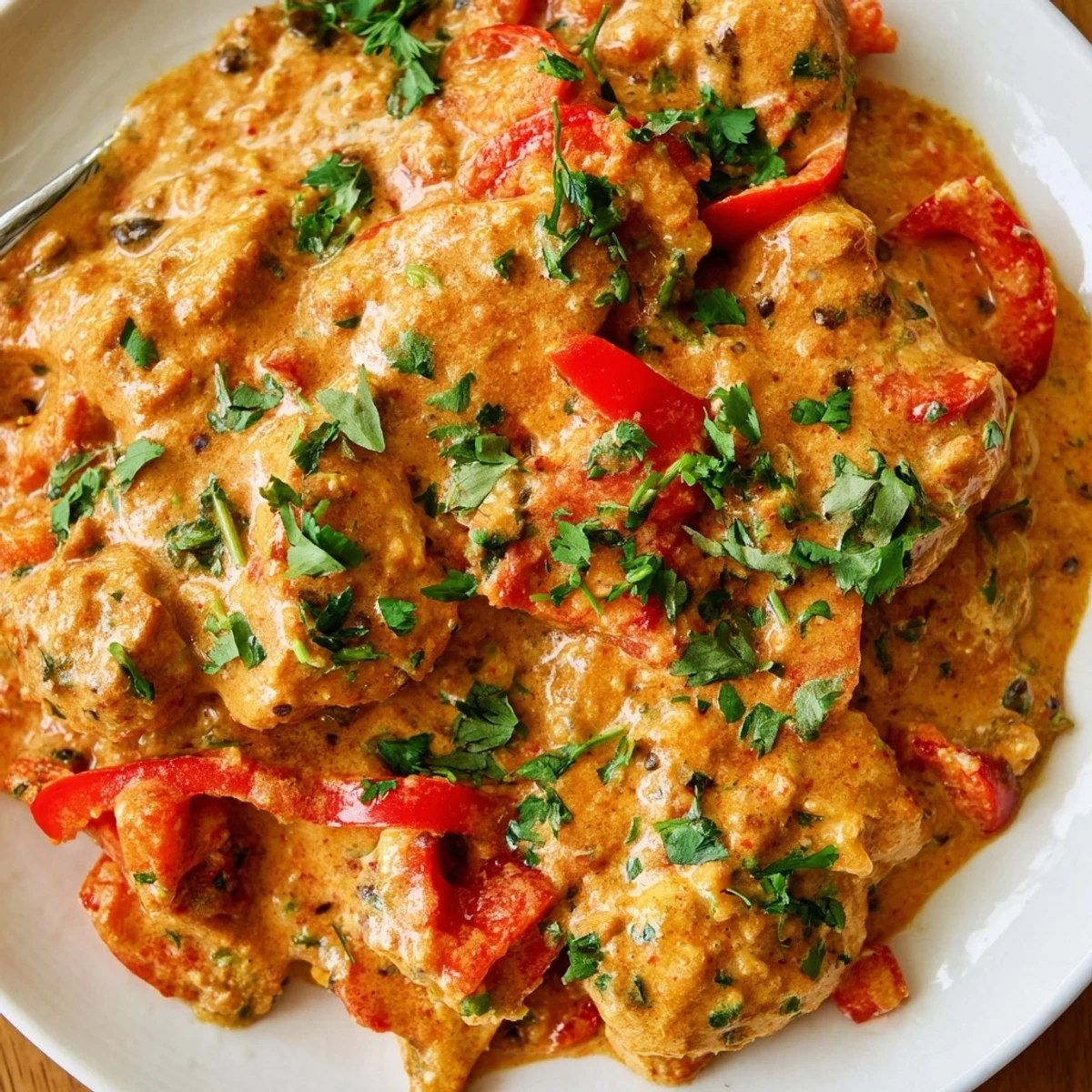 Tender spicy Brazilian coconut chicken served in a white bowl atop fluffy white rice with zesty lime wedges