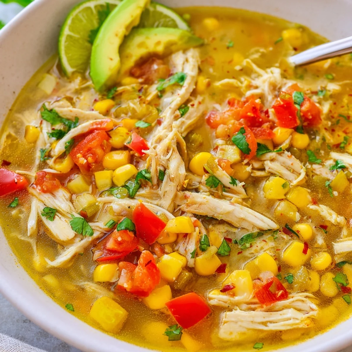 Steaming Bold Zesty Chicken Lime Soup Recipe with bright cilantro and avocado garnish