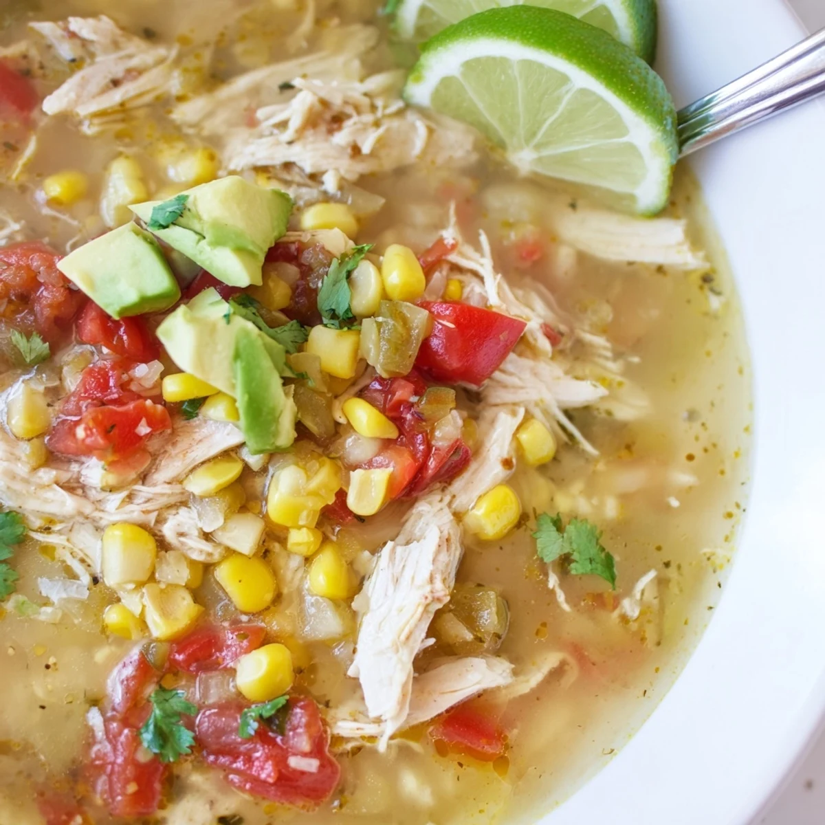 Bowl of Bold Zesty Chicken Lime Soup Recipe, tangy broth and sweet corn