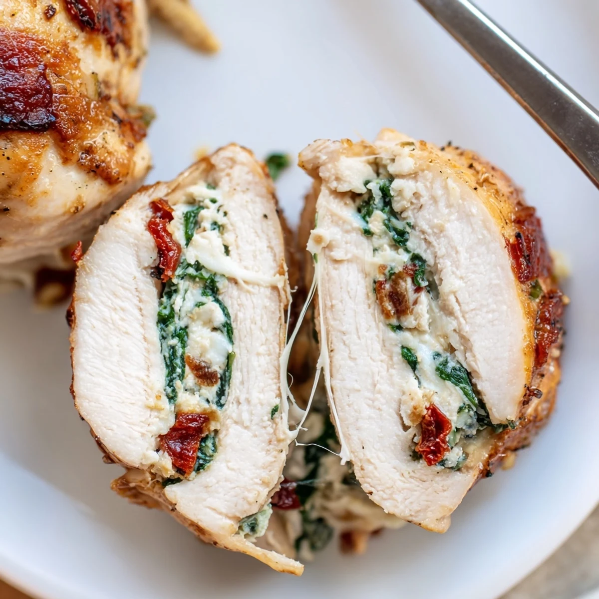Herb garnished Cheesy Spinach Stuffed Chicken Sun Dried Tomato Flavor with creamy warm filling