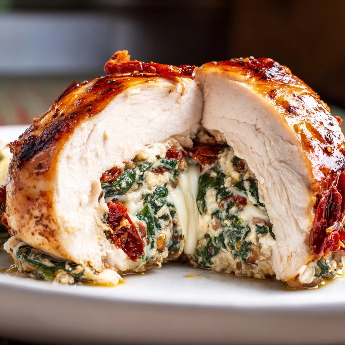 Baked Cheesy Spinach Stuffed Chicken Sun Dried Tomato Flavor with lemony roasted potatoes