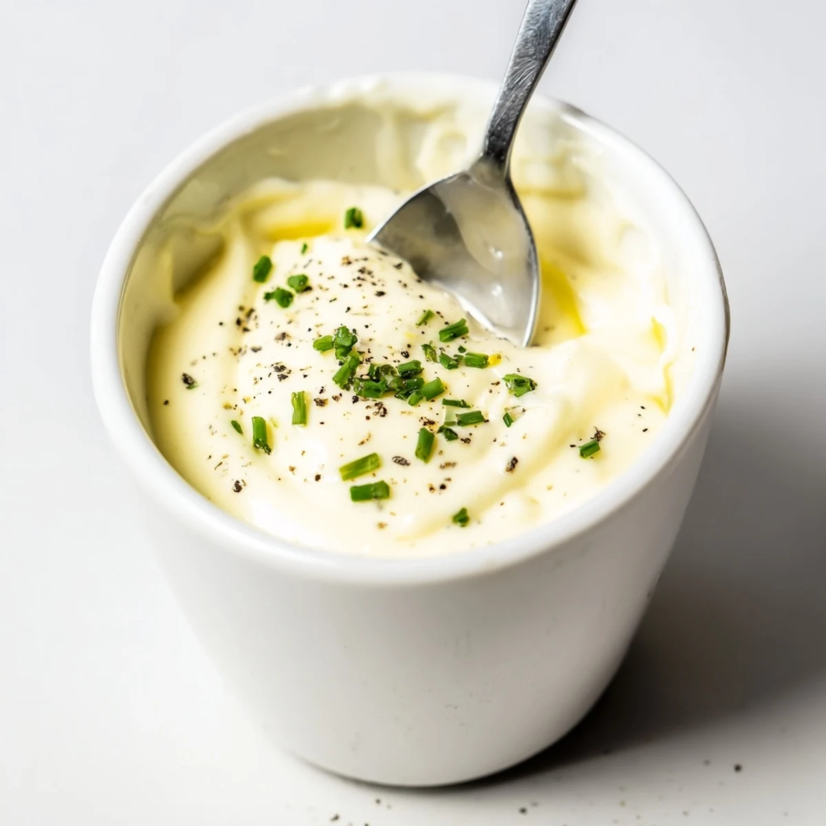 Whisked Creamy Tangy Sauce chilled in jar, smooth, zesty tang and herbs