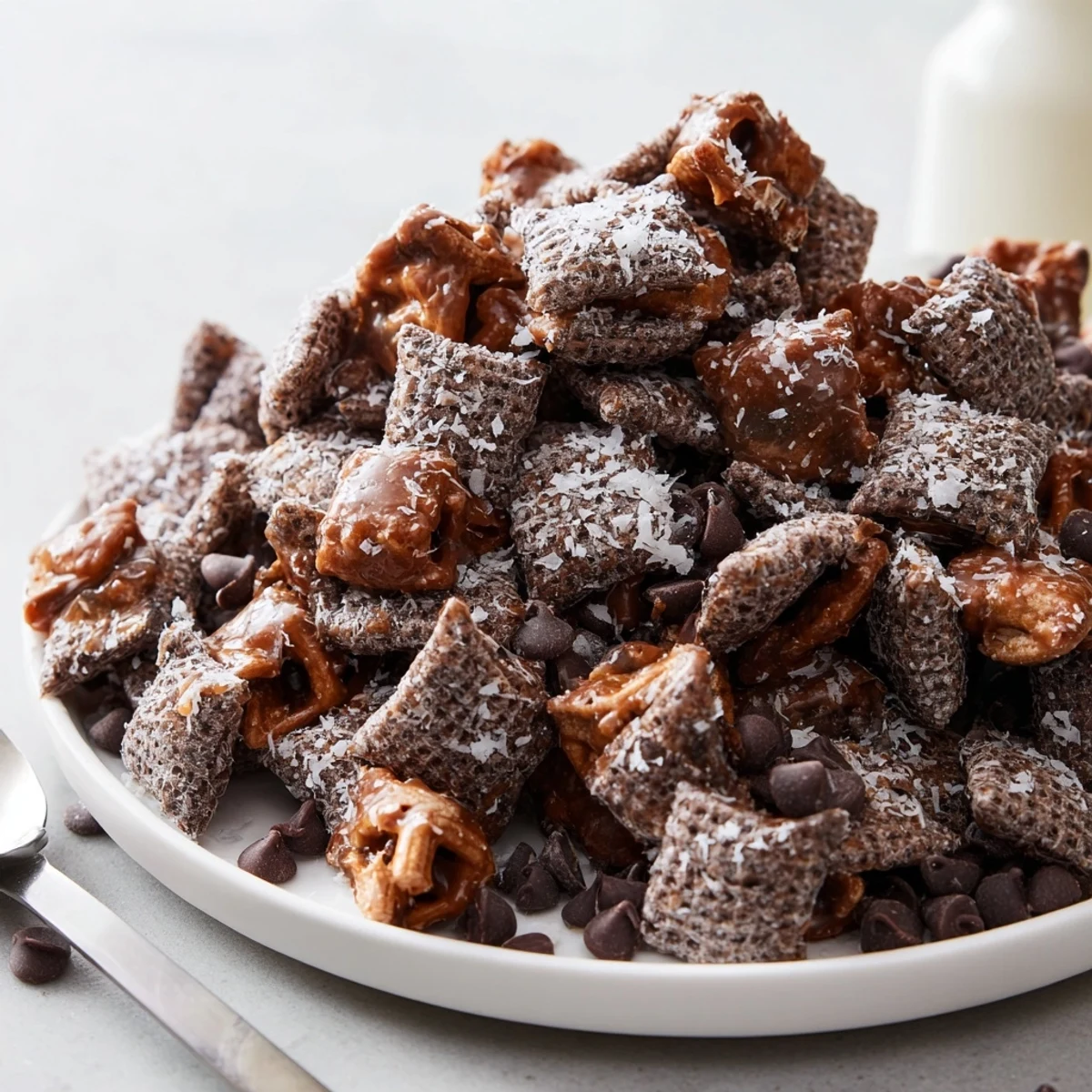 Bowl of Samoas Puppy Chow Cereal dusted with powdered sugar, chewy caramel.