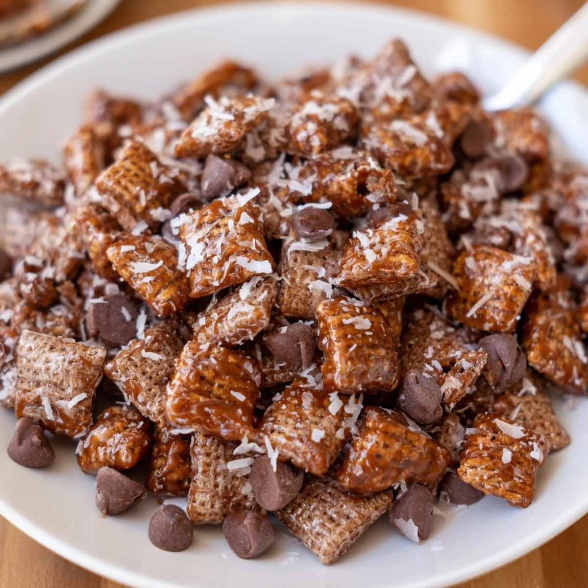Samoas Puppy Chow Cereal piled on parchment, glossy chocolate, toasted coconut.