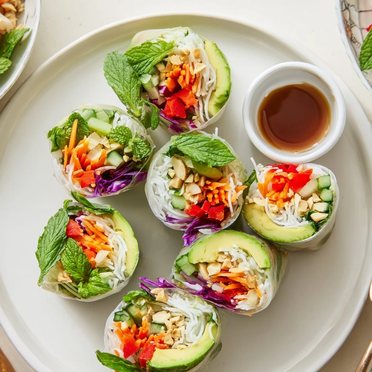 Gluten Free Vegetable Spring Rolls with crisp julienned veggies and tangy dipping sauce