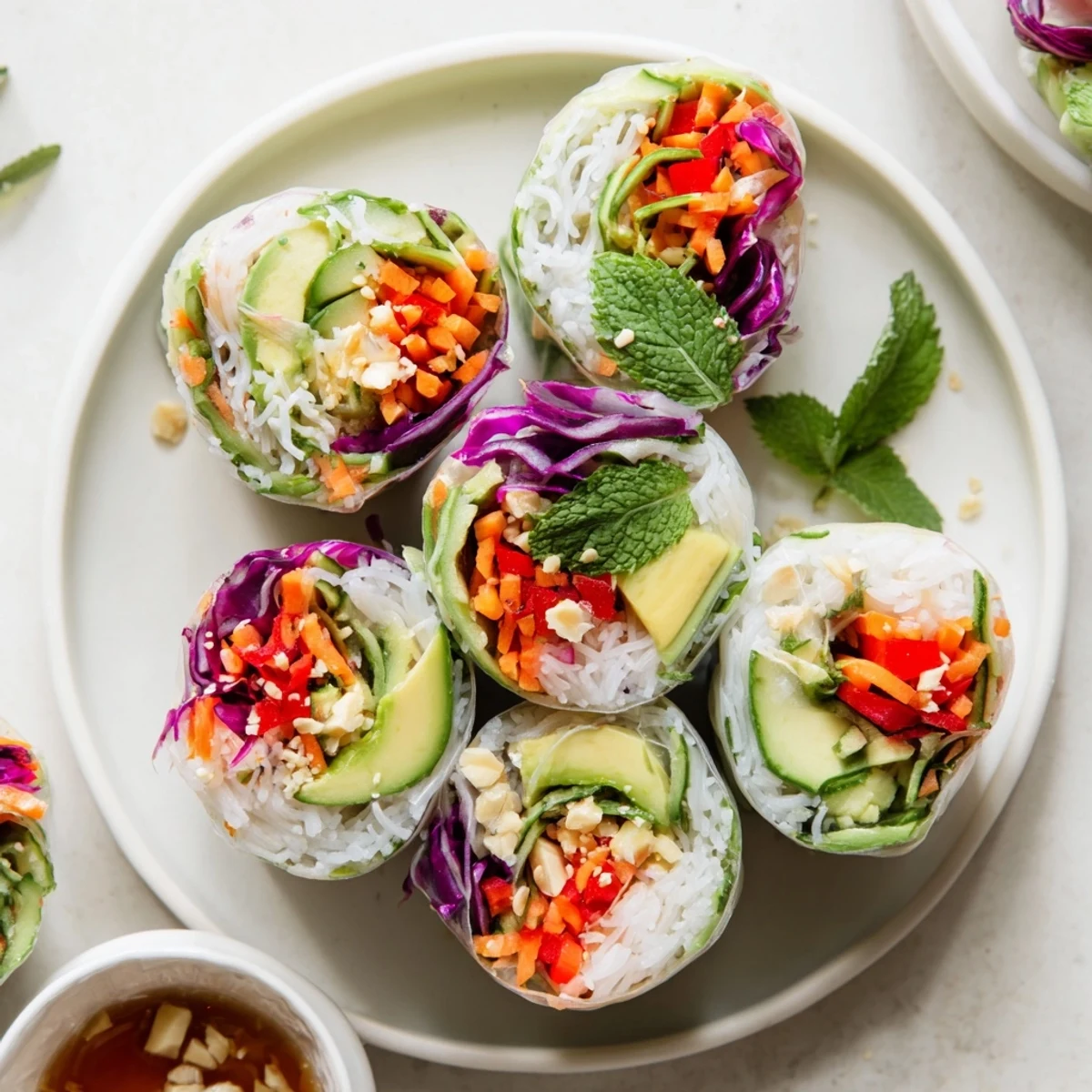 Plated Gluten Free Vegetable Spring Rolls served with peanut-ginger dipping sauce, avocado slices