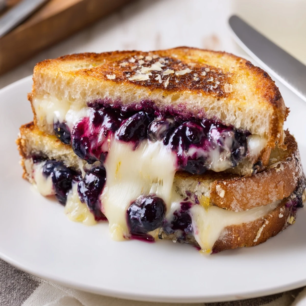 Sliced Crispy Blueberry Grilled Cheese revealing gooey cheddar and juicy berries