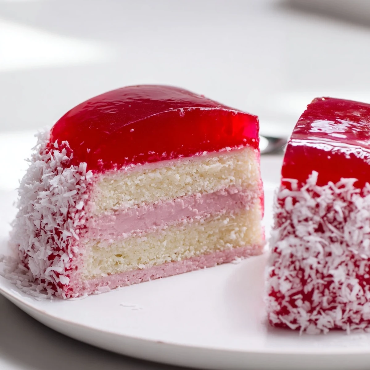 Old Fashioned Pink Jelly Cakes on wire rack, coconut-dusted, creamy raspberry center.