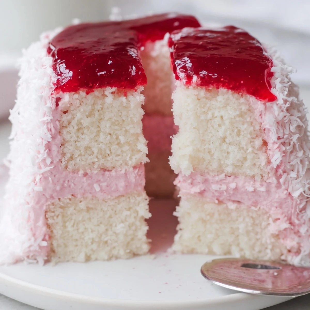 Plated for afternoon tea, Old Fashioned Pink Jelly Cakes with glossy jelly.