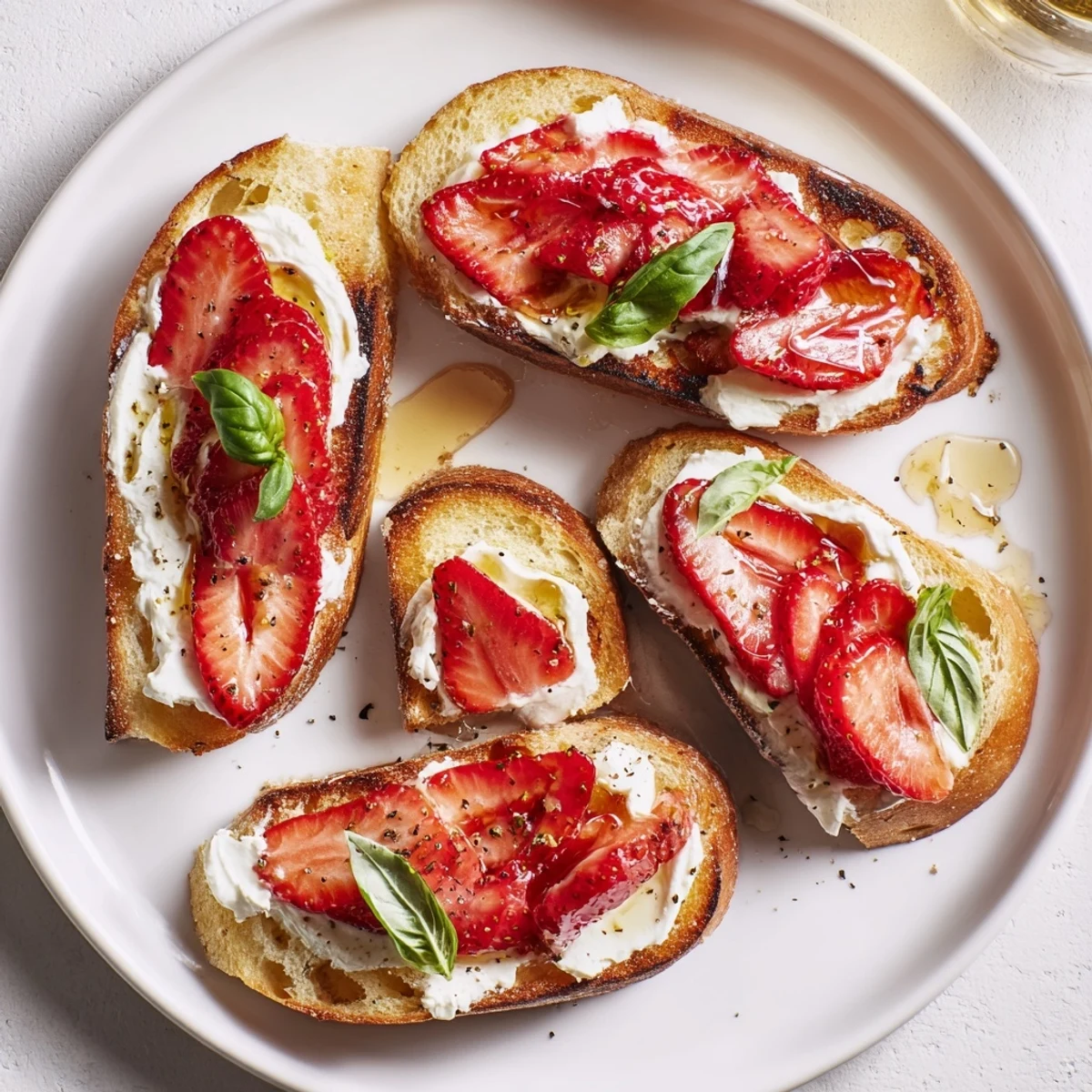 Bright Strawberry Ricotta Bruschetta: juicy strawberries, honeyed ricotta, fresh basil garnish.