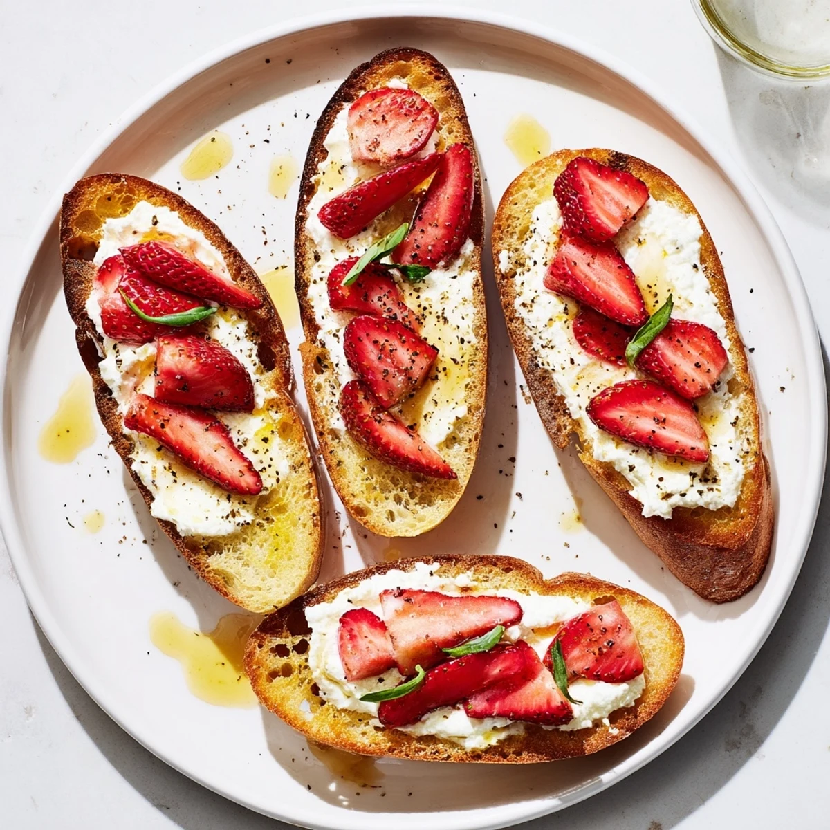 Toasted baguette topped with creamy Strawberry Ricotta Bruschetta, basil and balsamic drizzle.