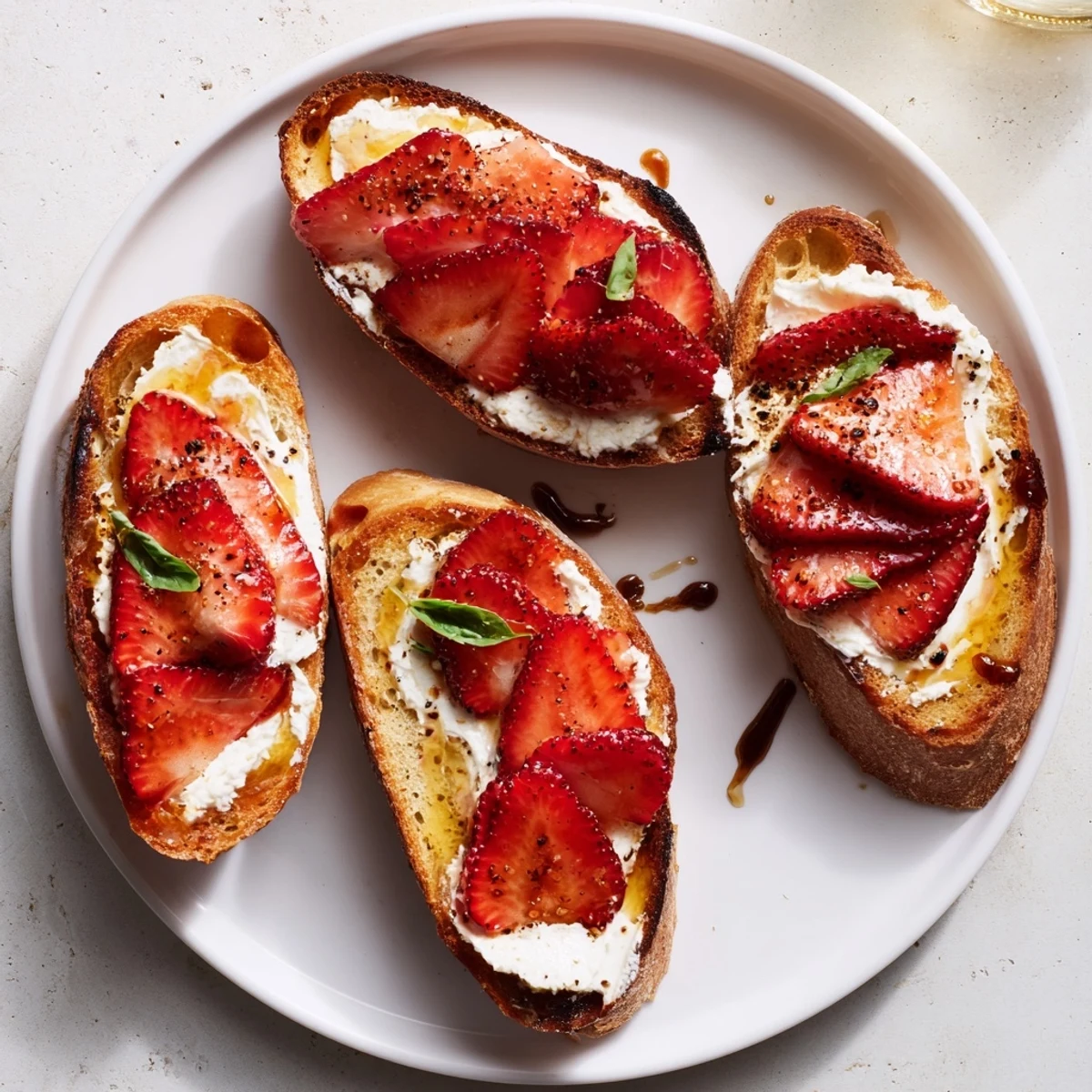 Elegant Strawberry Ricotta Bruschetta served warm on a crisp rustic bread slice.